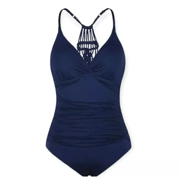 Jantzen Navy Blue Macrame Strappy Back One Piece Ruched Bathing Suit Swim M - Picture 3 of 14